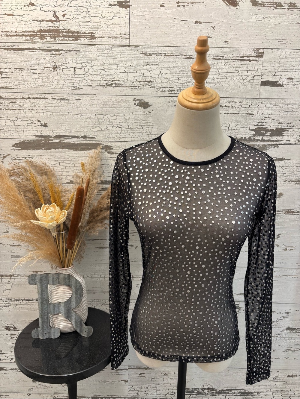 Cache Black Sheer Long-Sleeve Top with Silver Dot Accents